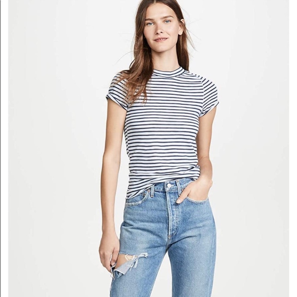 Free People Navy and Light Blue Striped Short Sleeve Tee